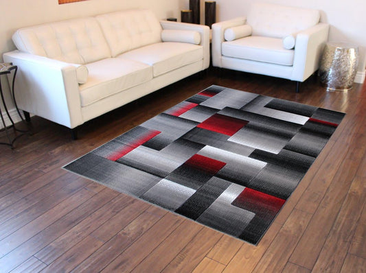 , Modern Contemporary Area Rug, Red Grey Black (8 Feet X 10 Feet)