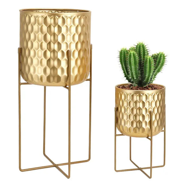 "Elegant Gold Tall Planters Set - 17" & 12" with Stylish Stands for Stunning Home Decor"