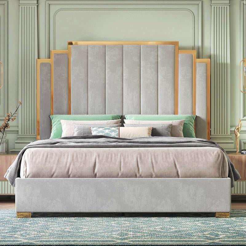 AMERLIFE Bed Frame with 65" Headboard, Upholstered Platform Bed with Golden Plating Trim, Modern Luxury Bed Frame, No Box Spring Needed/No Mattress/Queen/King//Unique Bedroom Furniture