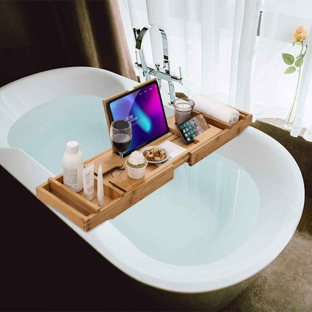 "Luxury Bamboo Bathtub Caddy Tray with Extendable Sides, Wine Glass Holder & Free Soap Dish – Perfect for Relaxation!"