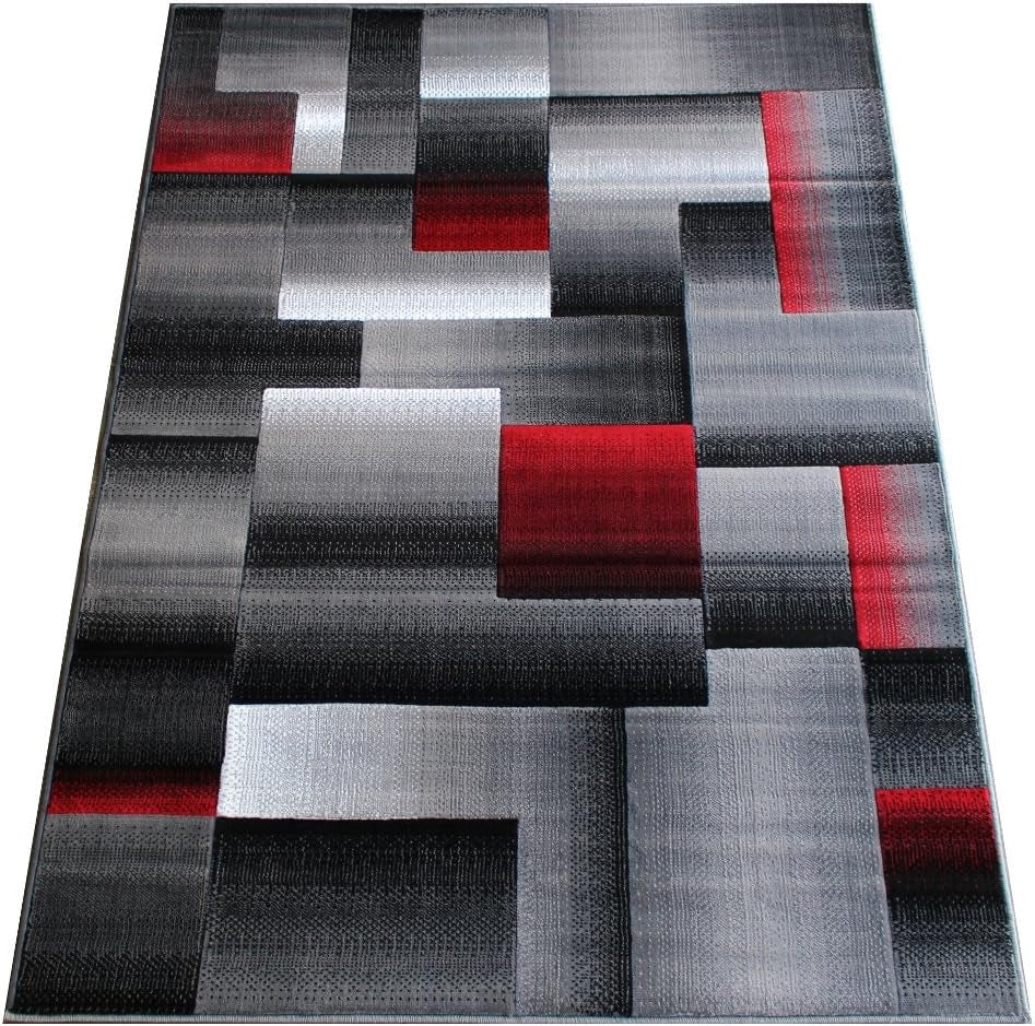, Modern Contemporary Area Rug, Red Grey Black (8 Feet X 10 Feet)