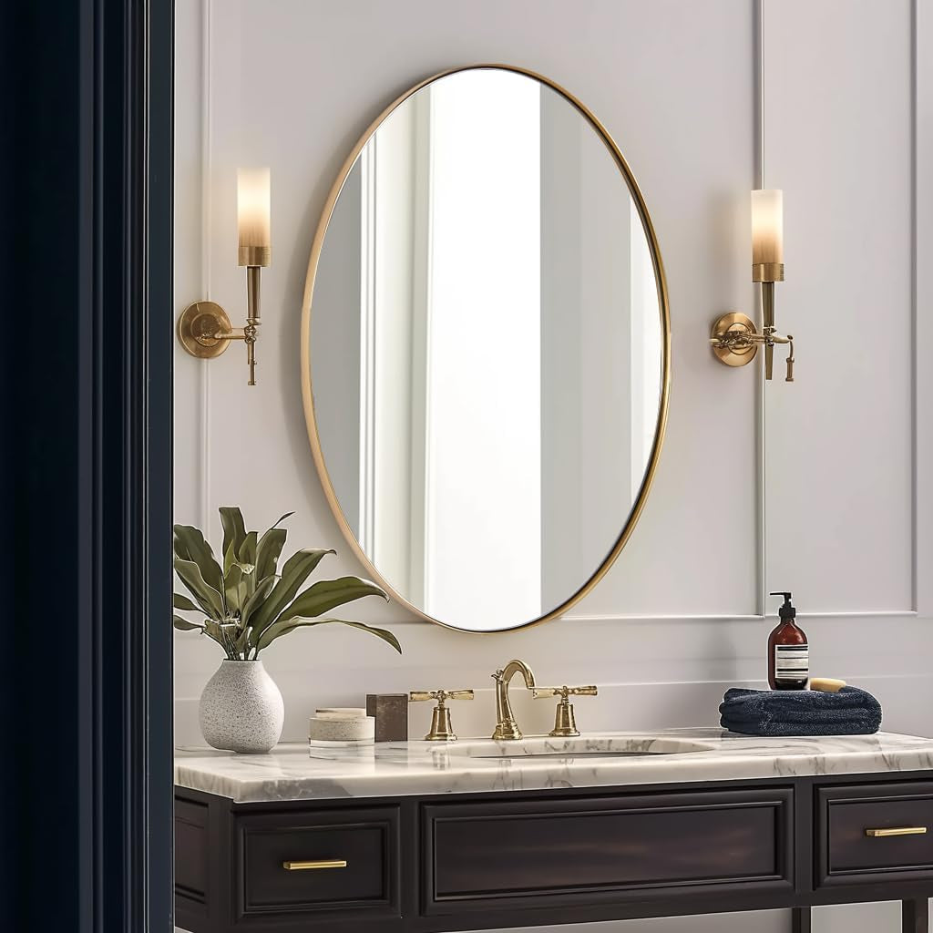 Gold Oval Mirror, 24X36’’ Brushed Gold Oval Bathroom Mirror, Oval Wall Mirror for Btahroom Gold Vanity Mirror in Stainless Steel Frame Wall Mount Horizontal or Vertical