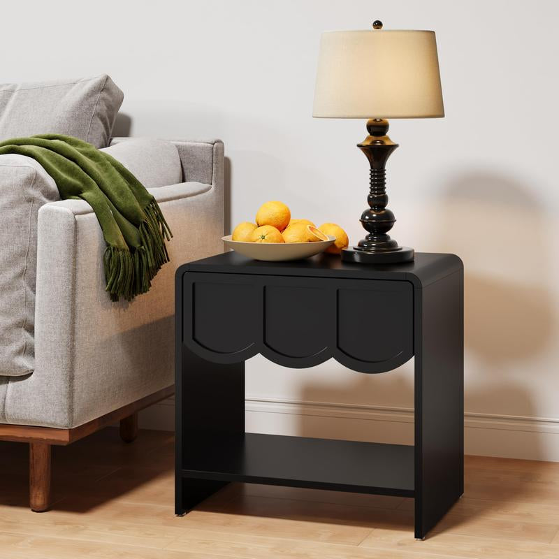 Giratree Night Stand Set of 2, Mid Century Modern Farmhouse Wood Nightstand with Wave Panel Drawer, Bed Side End Table for Small Space, Living Room