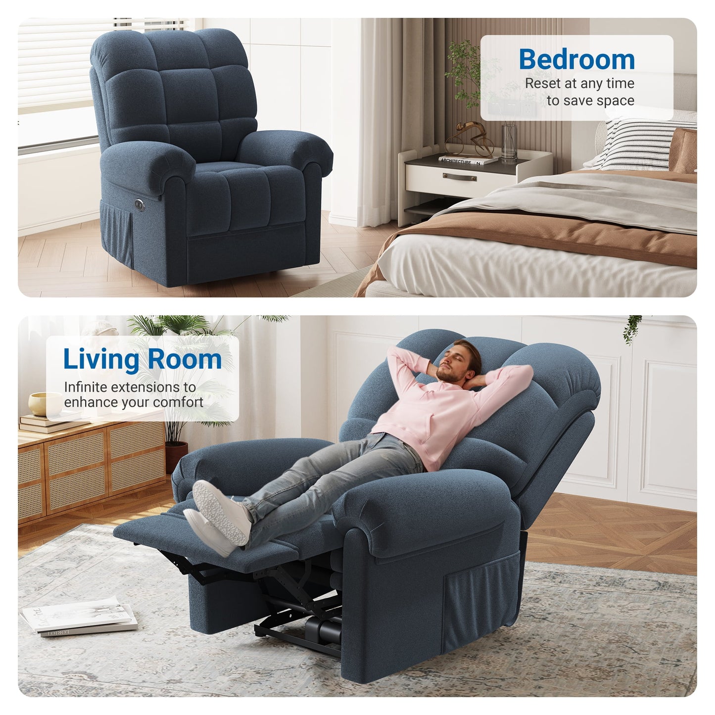 Power Recliner Chair for Adults,Adjustable Electric Recliner Sofa Chair with USB Port,Comfy Teddy Fleece Cloud Sofa,Tool-Free Setup,Blue Grey