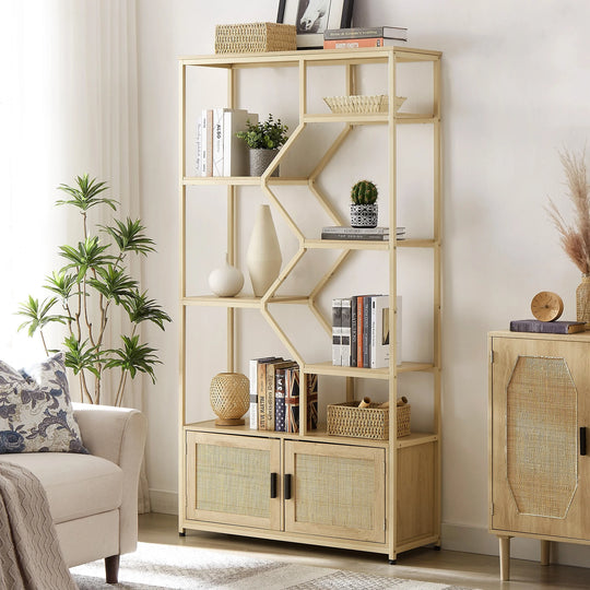 "Stylish 7-Tier Rattan Bookshelf - Elegant Display Shelf & Storage Rack with Cabinet for Home & Office"