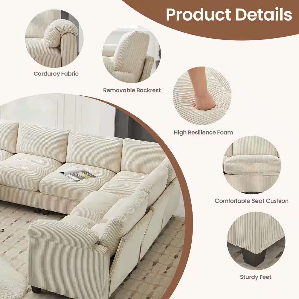 115 In. Corduroy Modular L-Shaped Beige 7-Seat Sectional Sofa for Living Room and Spacious Space
