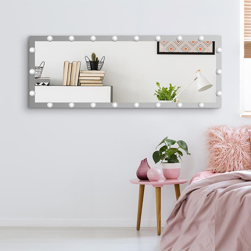 LED against Wall Full Length Mirror with Vanity Lights for Body Dressing, Bedroom Hanging Standing Mirror with Silver Aluminum Alloy Frame Decor