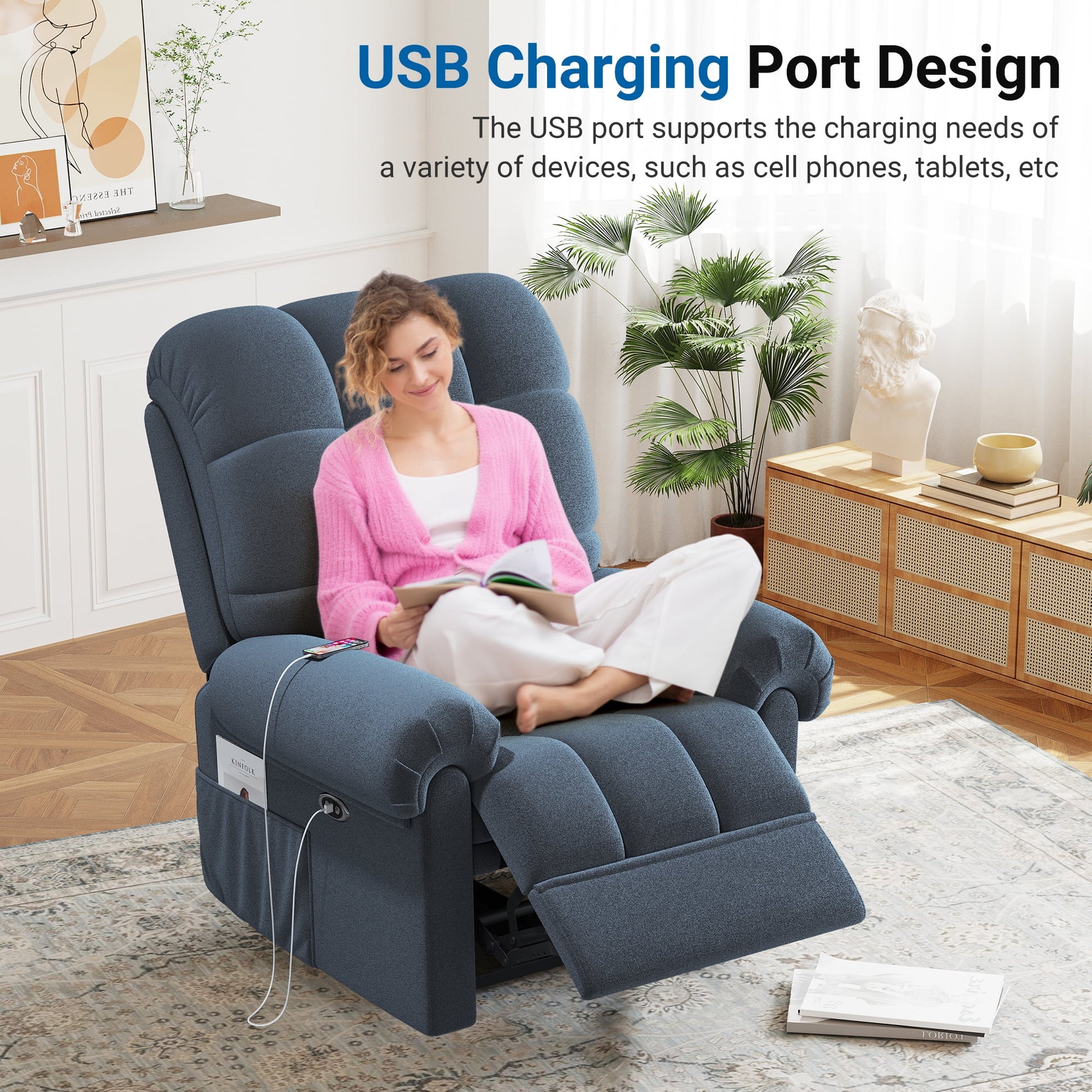 Power Recliner Chair for Adults,Adjustable Electric Recliner Sofa Chair with USB Port,Comfy Teddy Fleece Cloud Sofa,Tool-Free Setup,Blue Grey