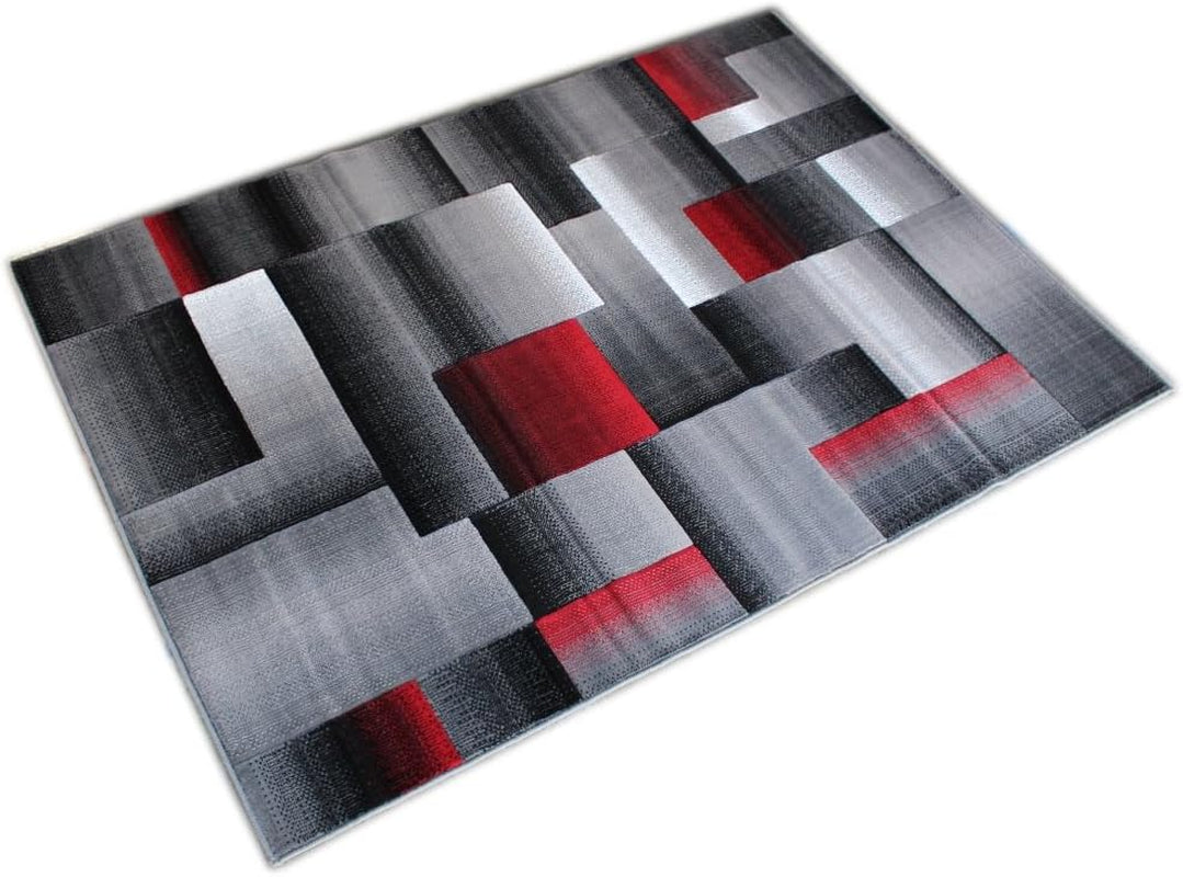 , Modern Contemporary Area Rug, Red Grey Black (8 Feet X 10 Feet)