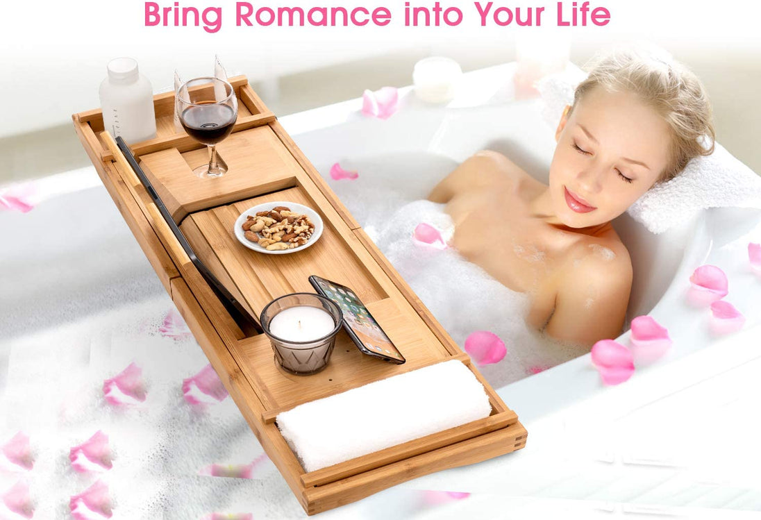 "Luxury Bamboo Bathtub Caddy Tray with Extendable Sides, Wine Glass Holder & Free Soap Dish – Perfect for Relaxation!"