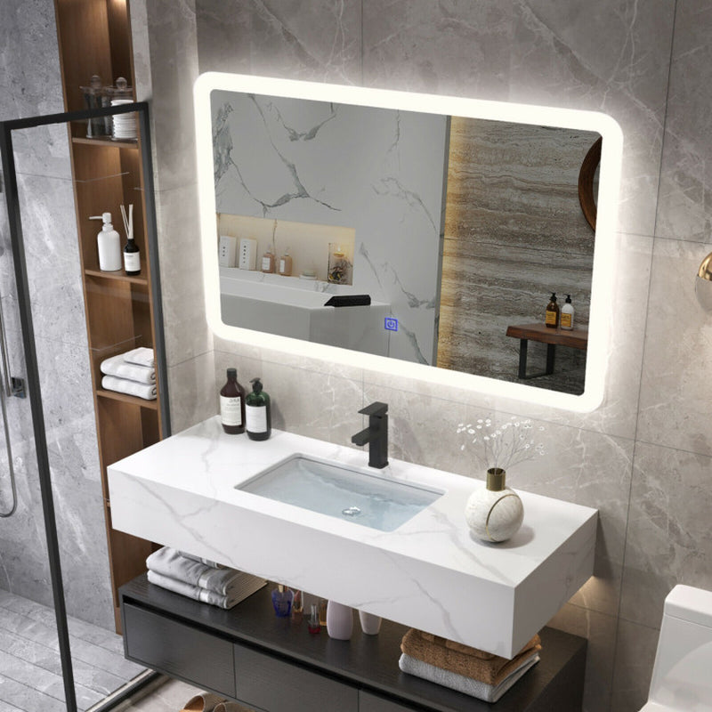 "Stylish LED Touch-Activated Wall-Mounted Bathroom Mirror with Rounded Arc Corners"