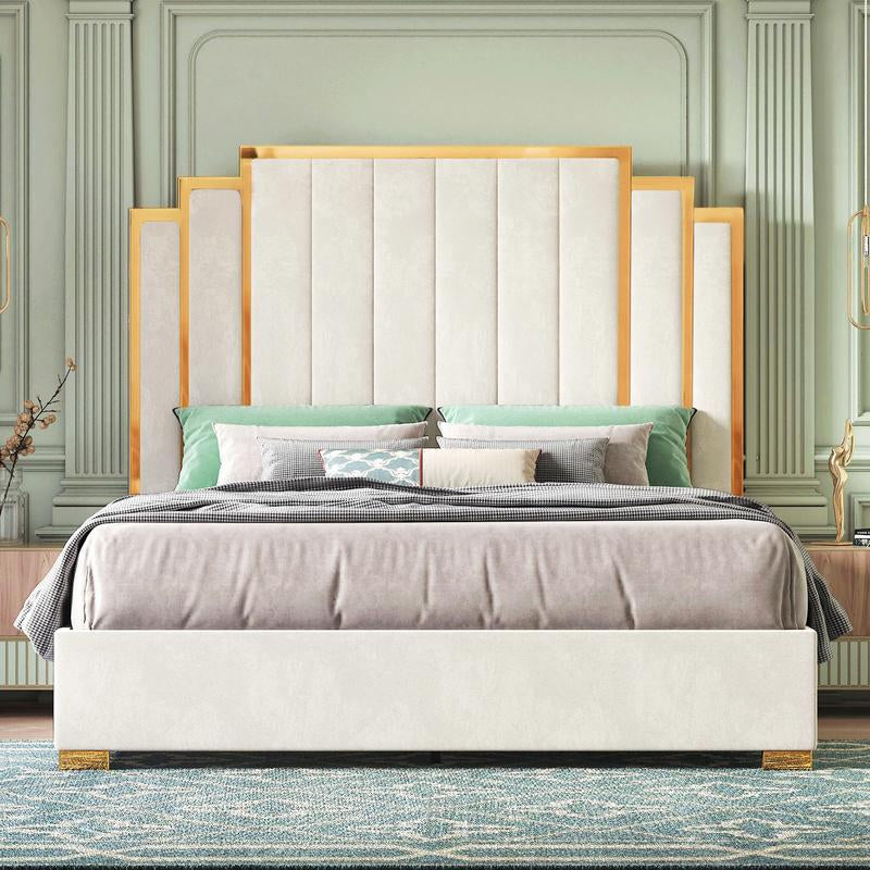 AMERLIFE Bed Frame with 65" Headboard, Upholstered Platform Bed with Golden Plating Trim, Modern Luxury Bed Frame, No Box Spring Needed/No Mattress/Queen/King//Unique Bedroom Furniture