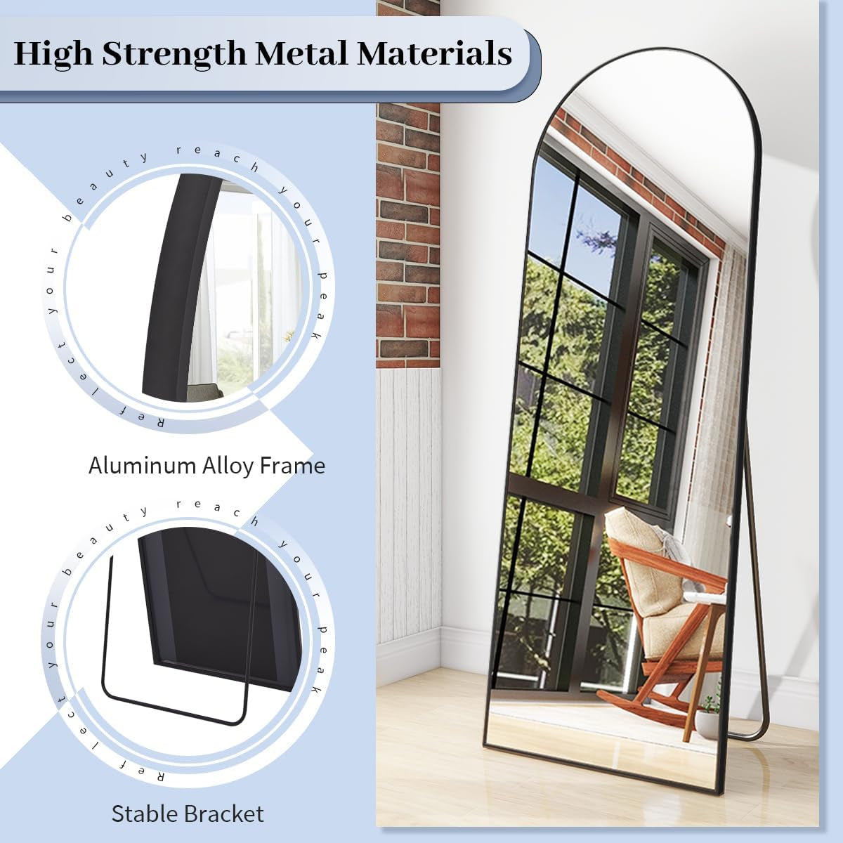 64"X21" Arch Floor Mirror, Full Length Mirror Wall Mirrors Hanging or Leaning Arched-Top Full Body Mirror with Stand for Bedroom, Dressing Room, Black