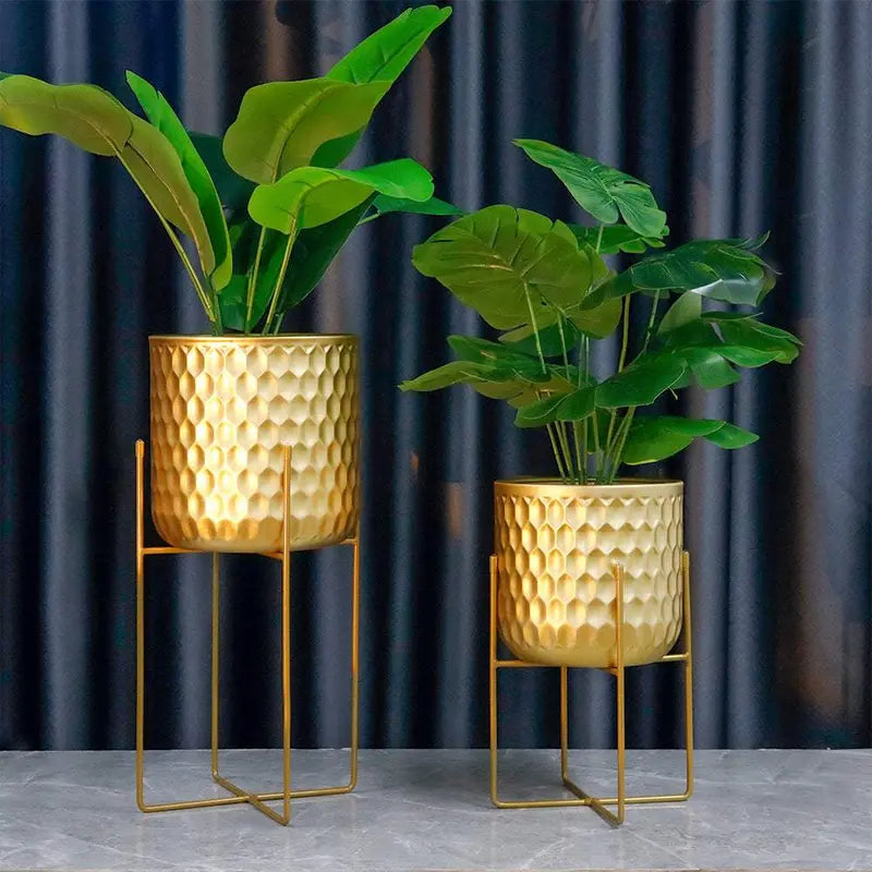 "Elegant Gold Tall Planters Set - 17" & 12" with Stylish Stands for Stunning Home Decor"