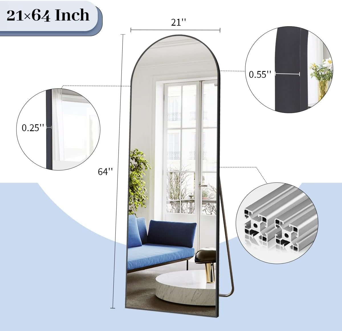 64"X21" Arch Floor Mirror, Full Length Mirror Wall Mirrors Hanging or Leaning Arched-Top Full Body Mirror with Stand for Bedroom, Dressing Room, Black