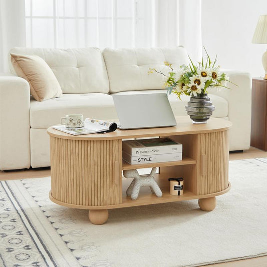 Giratree Rectangle Coffee Table, Mid-Century Modern Coffee Table with Storage & Sliding Doors, Fluted Coffee Table Center Table for Living Room, Dining Room, Apartment, Home Office
