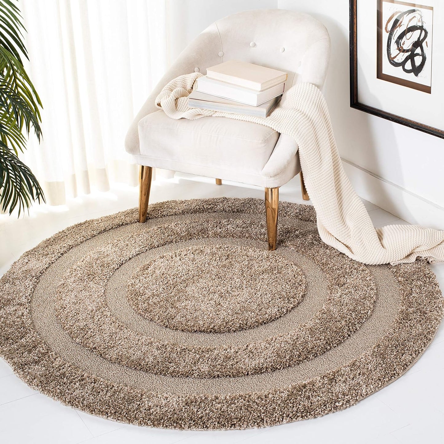 Florida Shag Collection 6'7" round Beige / Beige SG454 Border Non-Shedding Living Room Bedroom Dining Room Entryway Plush 1.2-Inch Thick Area Rug