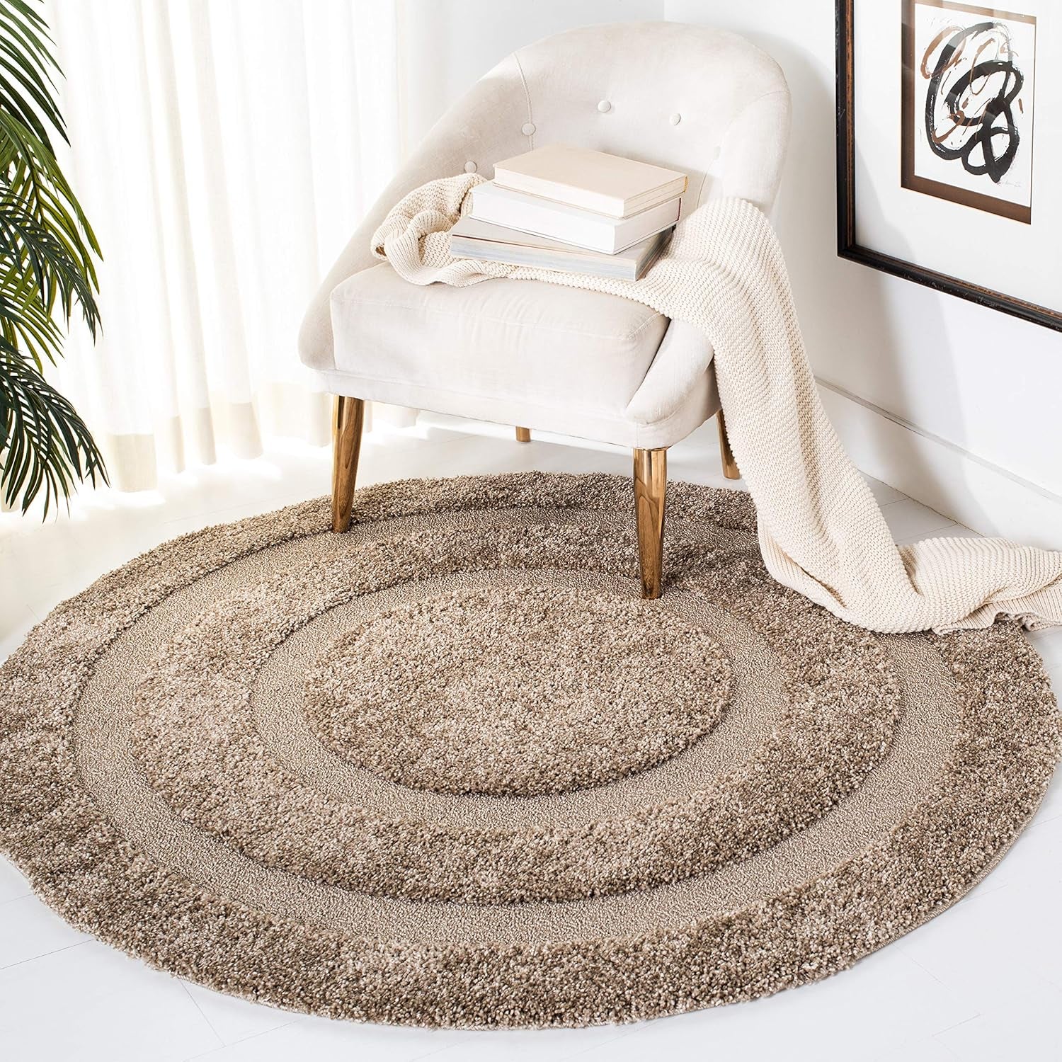 Florida Shag Collection 6'7" round Beige / Beige SG454 Border Non-Shedding Living Room Bedroom Dining Room Entryway Plush 1.2-Inch Thick Area Rug