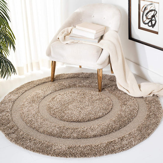 Florida Shag Collection 6'7" round Beige / Beige SG454 Border Non-Shedding Living Room Bedroom Dining Room Entryway Plush 1.2-Inch Thick Area Rug