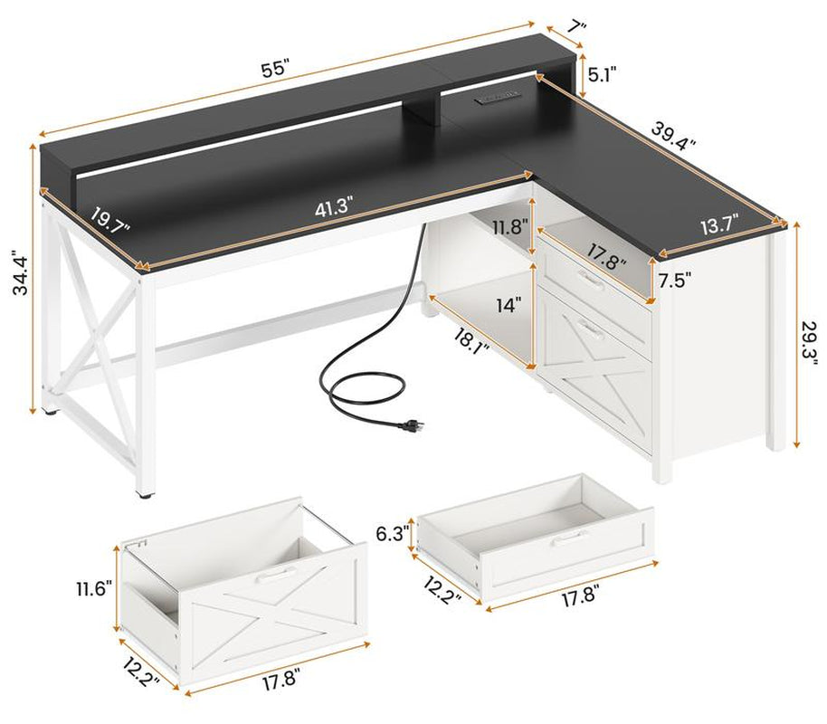 SEDETA L Shaped Gaming Desk, 55" Corner Computer Desk with Drawers, Home Office Desk with Printer Storage Shelves, Monitor Stand and LED Lights Study Organizing