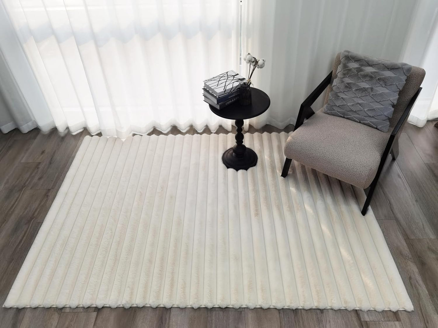 Area Rugs Striped Soft Faux Rabbit Fur Rug 5X7 Becky Beige Plush Carpet Shag Cozy Fluffy Rug Non Slip Rugs, Machine Washable Shaggy Area Rug Bedroom Living Room and Dining Room.