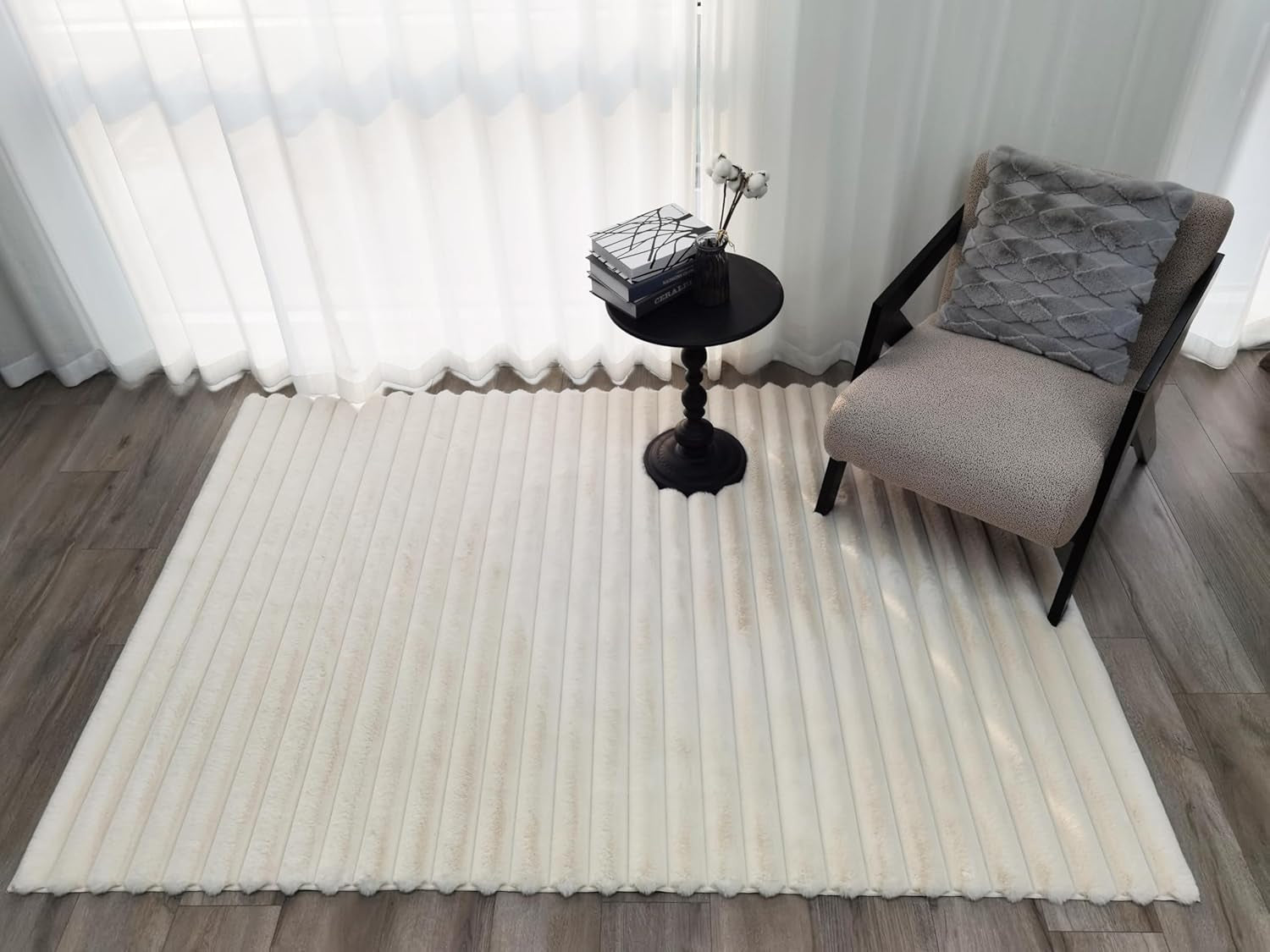 Area Rugs Striped Soft Faux Rabbit Fur Rug 5X7 Becky Beige Plush Carpet Shag Cozy Fluffy Rug Non Slip Rugs, Machine Washable Shaggy Area Rug Bedroom Living Room and Dining Room.