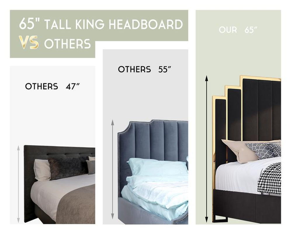 AMERLIFE Bed Frame with 65" Headboard, Upholstered Platform Bed with Golden Plating Trim, Modern Luxury Bed Frame, No Box Spring Needed/No Mattress/Queen/King//Unique Bedroom Furniture