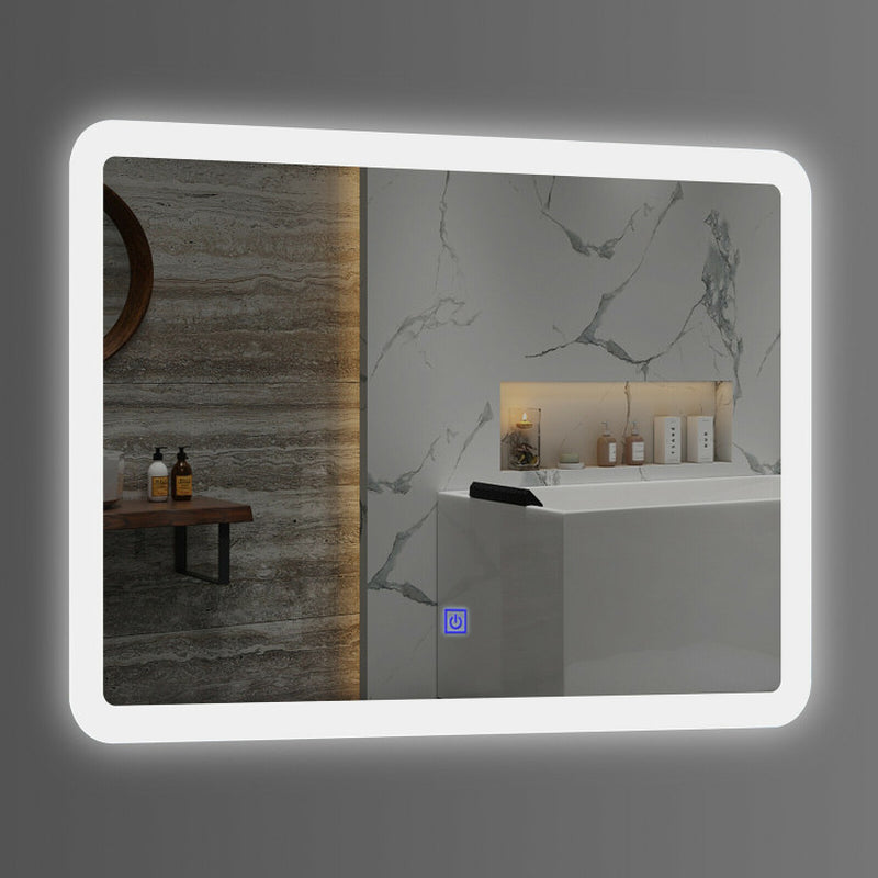 "Stylish LED Touch-Activated Wall-Mounted Bathroom Mirror with Rounded Arc Corners"