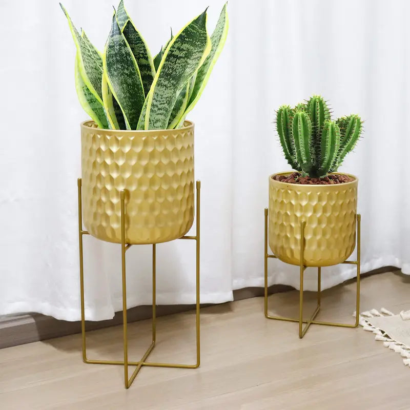 "Elegant Gold Tall Planters Set - 17" & 12" with Stylish Stands for Stunning Home Decor"