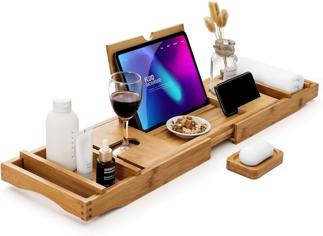 "Luxury Bamboo Bathtub Caddy Tray with Extendable Sides, Wine Glass Holder & Free Soap Dish – Perfect for Relaxation!"