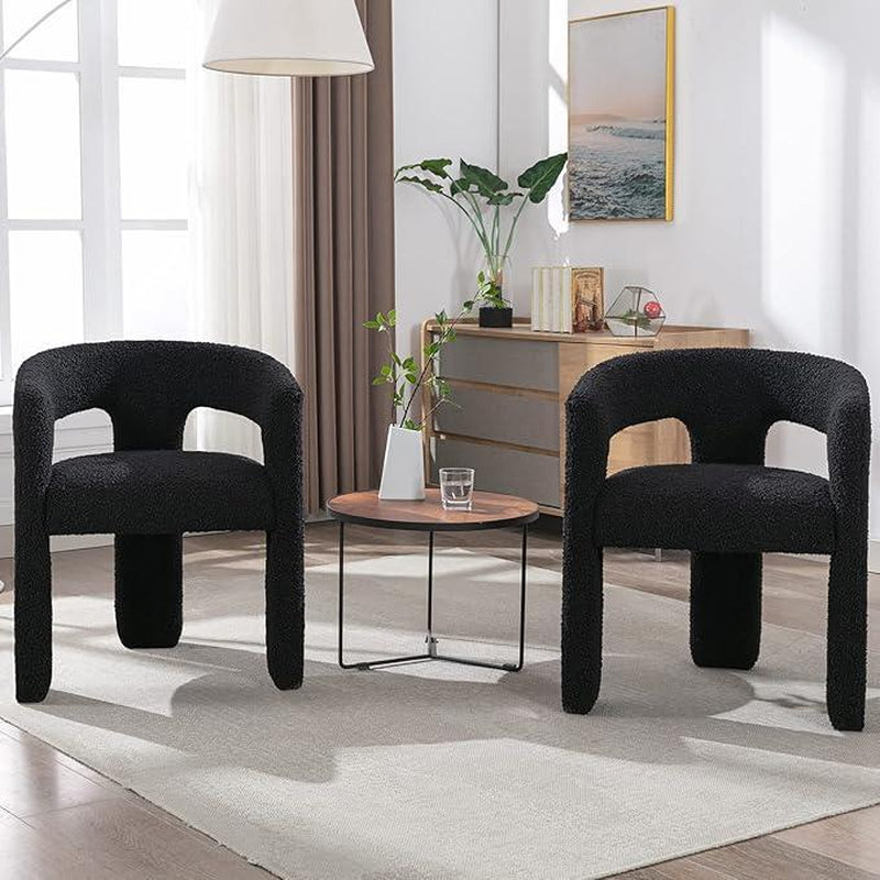 【Fathersdaygift】Chairus Modern Barrel Dining Chair, Sherpa Upholstered Accent Chairs with Arm, Open-Back Side Armchair Comfy Makeup Vanity Chairs for Living Room, Kitchen Roombedroom, Makeup, Small Spaces, Black
