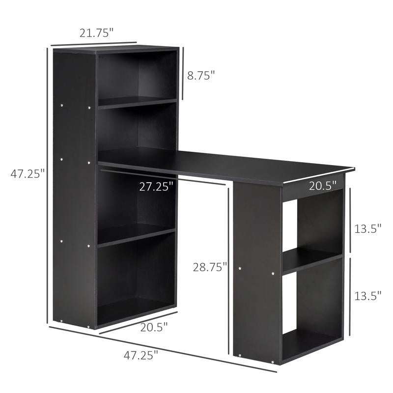HOMCOM Modern Home Office Desk with 6-Tier Storage Shelves, 47" Writing Table with Bookshelf