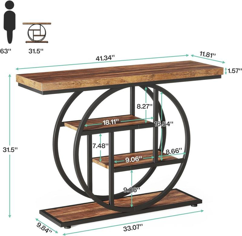 Tribesigns 41.3" Industrial Console Table: 4-Tier Entryway Table with Circle Base, Narrow Accent Tables with Storage Shelves, Rustic Brown