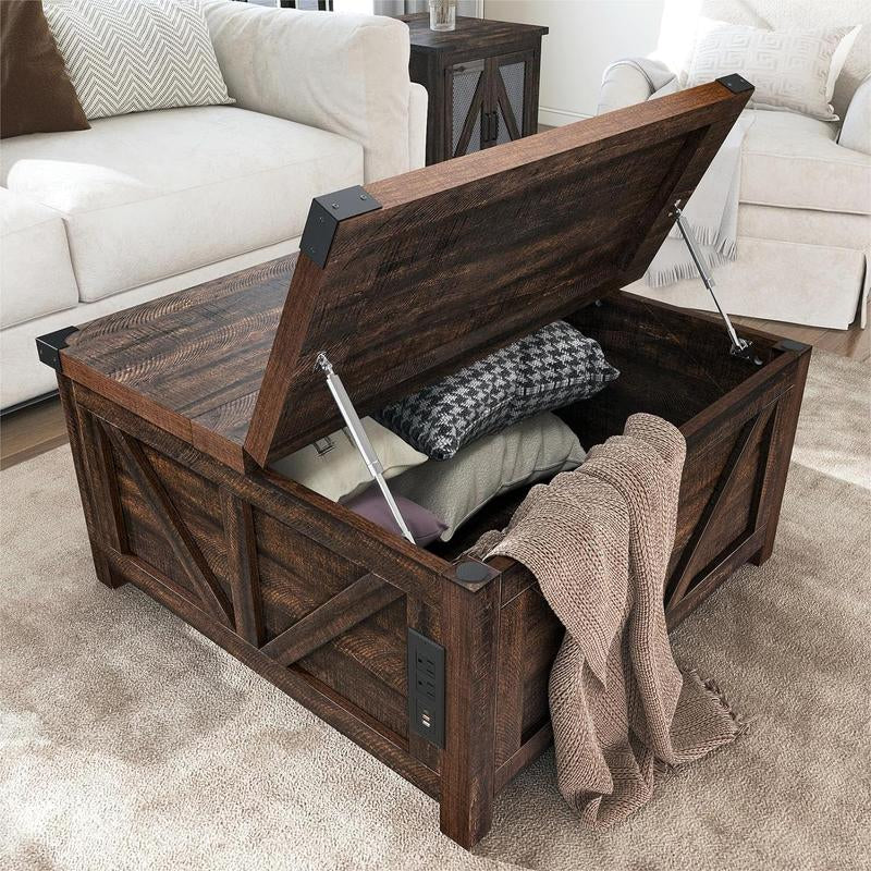 Farmhouse Lift Top Coffee Table with Storage, Wood Square Center Table with Charging Station&Usb Ports, Living Room Central Table W/Large Hidden Space, for Living Room, Bedroom, Home Office