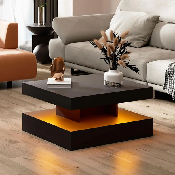 "Modern LED Coffee Table with Storage - Smart Tall Square Center Table with 20 Color Options & 2-Tier Display Shelf"