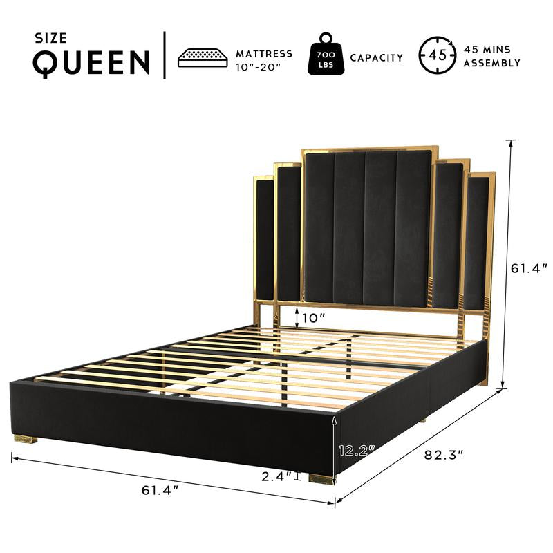 AMERLIFE Bed Frame with 65" Headboard, Upholstered Platform Bed with Golden Plating Trim, Modern Luxury Bed Frame, No Box Spring Needed/No Mattress/Queen/King//Unique Bedroom Furniture