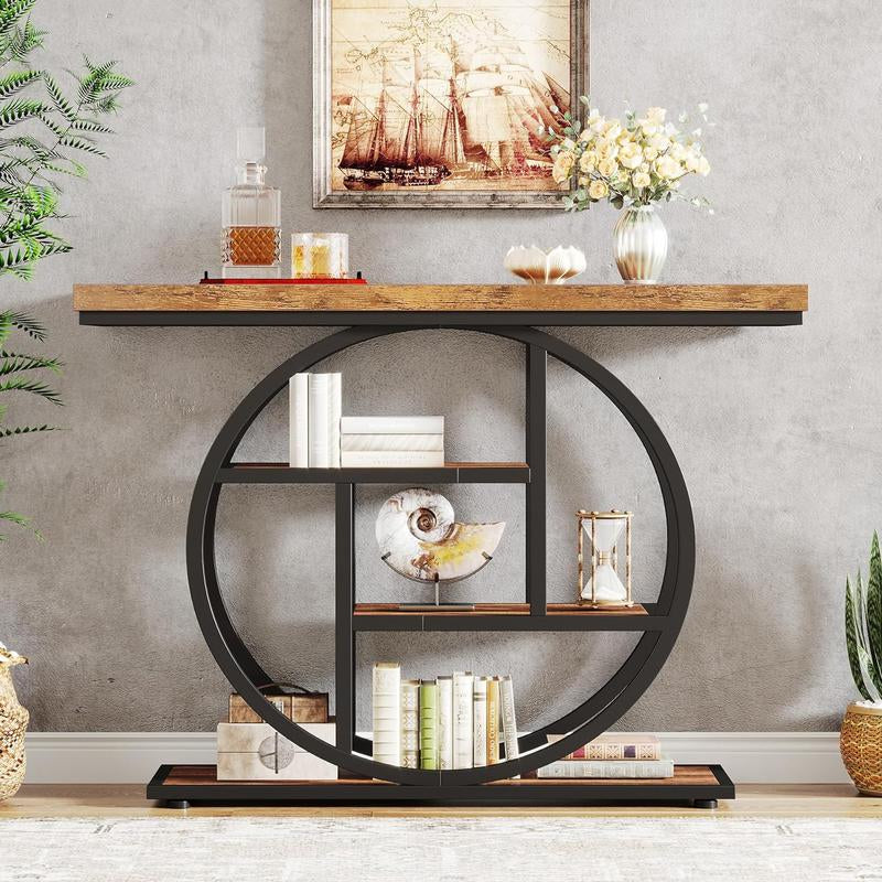 Tribesigns 41.3" Industrial Console Table: 4-Tier Entryway Table with Circle Base, Narrow Accent Tables with Storage Shelves, Rustic Brown