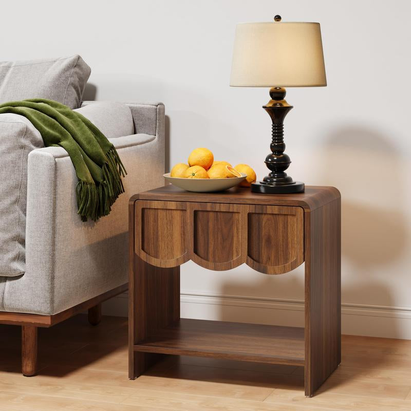 Giratree Night Stand Set of 2, Mid Century Modern Farmhouse Wood Nightstand with Wave Panel Drawer, Bed Side End Table for Small Space, Living Room