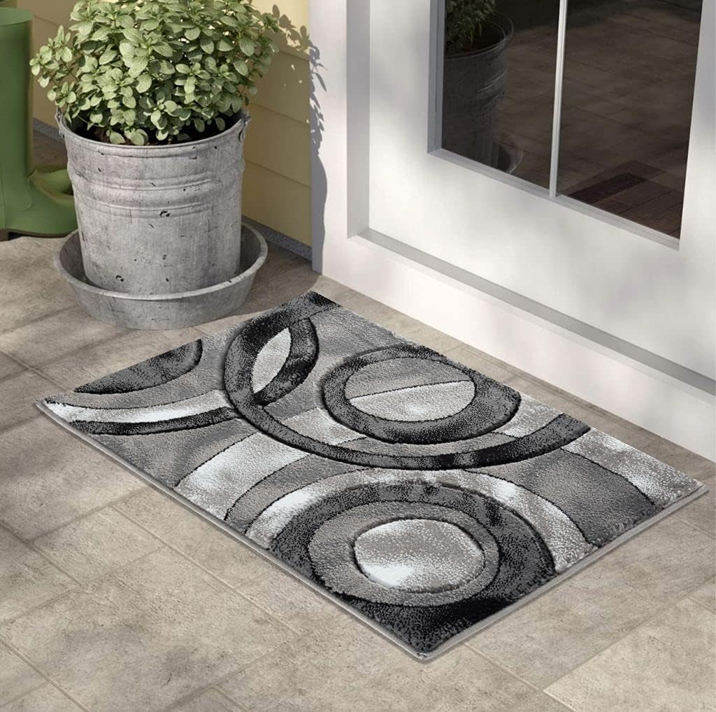 Area Rug 2X3 Grey Black Door Mat Modern Circles Soft Contemporary Floor Carpet Fluffy Texture for Indoor Living Dining Room and Bedroom Area