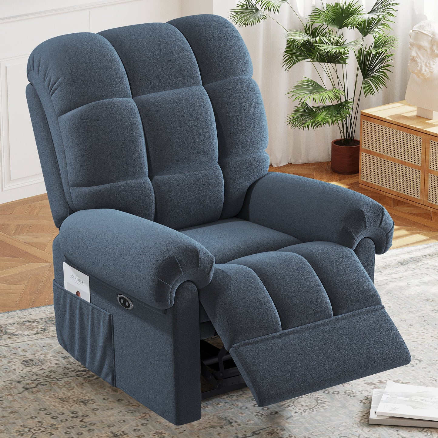 Power Recliner Chair for Adults,Adjustable Electric Recliner Sofa Chair with USB Port,Comfy Teddy Fleece Cloud Sofa,Tool-Free Setup,Blue Grey