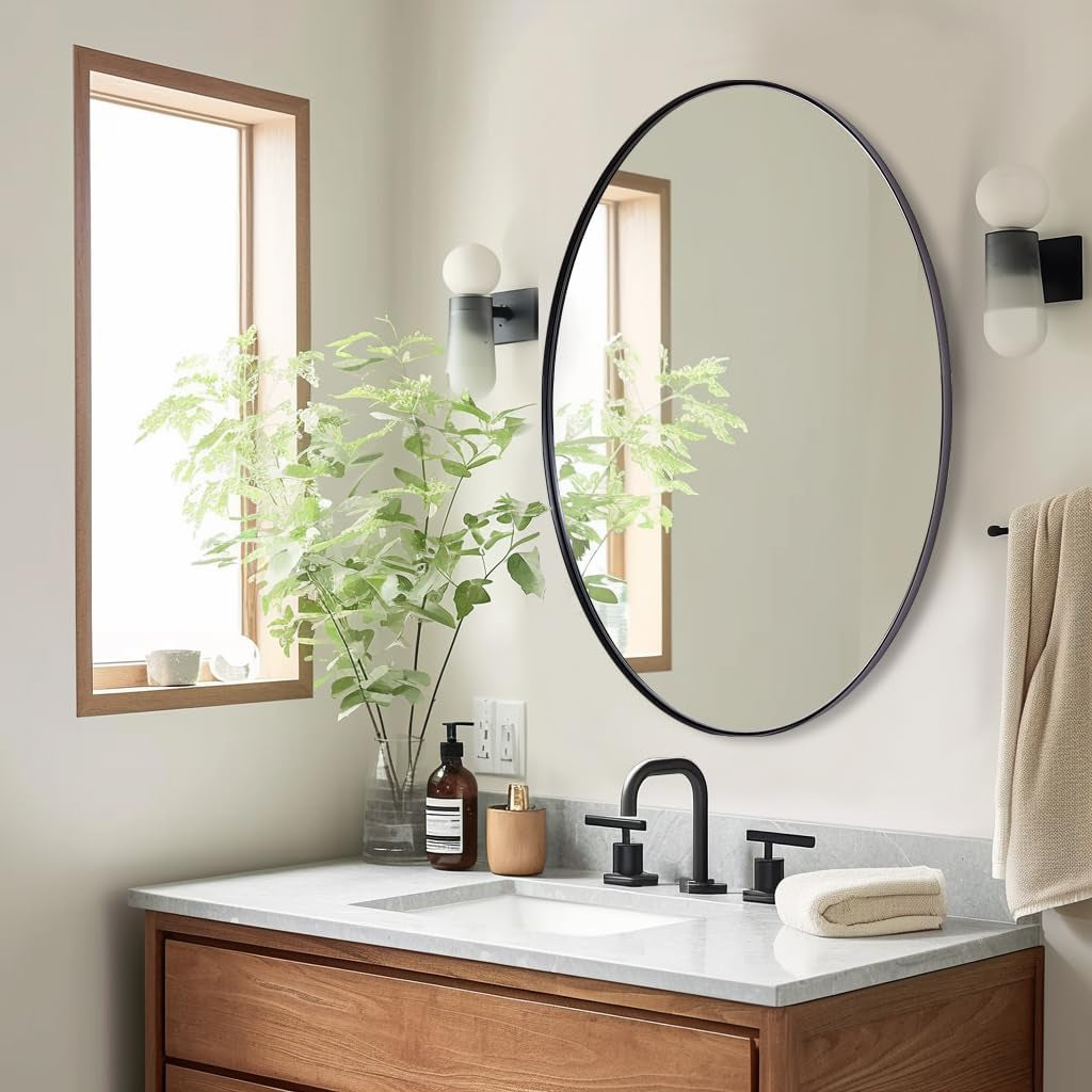 Oval Bathroom Mirror, Black Oval Mirror for Bathroom, Oval Vanity Mirror for Bathroom, 20X28’’ Oval Wall Mirror Pill Shaped Mirror Stainless Steel Frame Wall Mount Horizontal or Vertical
