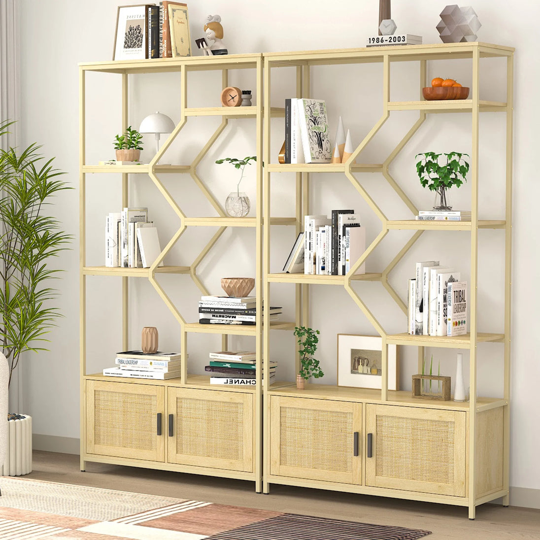 "Stylish 7-Tier Rattan Bookshelf - Elegant Display Shelf & Storage Rack with Cabinet for Home & Office"