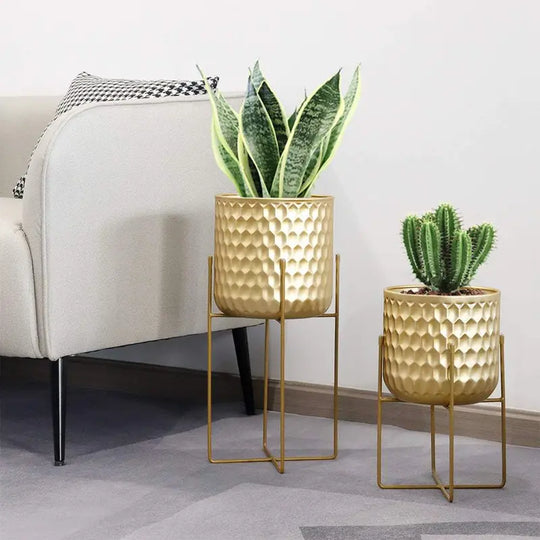 "Elegant Gold Tall Planters Set - 17" & 12" with Stylish Stands for Stunning Home Decor"