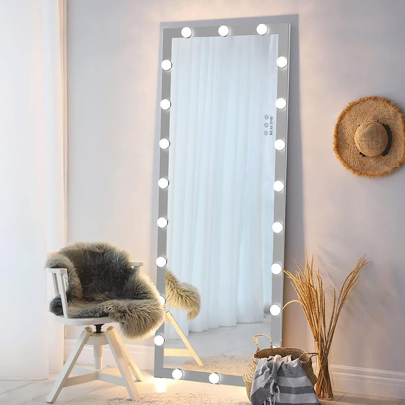 LED against Wall Full Length Mirror with Vanity Lights for Body Dressing, Bedroom Hanging Standing Mirror with Silver Aluminum Alloy Frame Decor