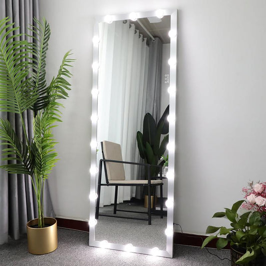 LED against Wall Full Length Mirror with Vanity Lights for Body Dressing, Bedroom Hanging Standing Mirror with Silver Aluminum Alloy Frame Decor