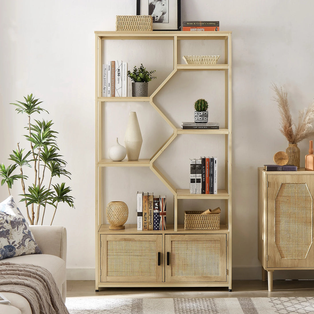 "Stylish 7-Tier Rattan Bookshelf - Elegant Display Shelf & Storage Rack with Cabinet for Home & Office"