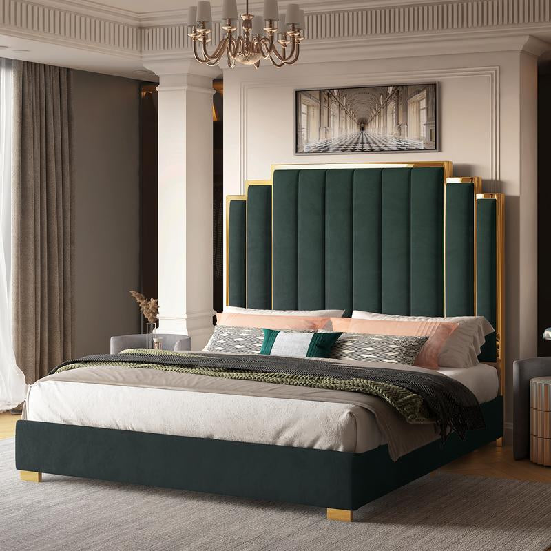 AMERLIFE Bed Frame with 65" Headboard, Upholstered Platform Bed with Golden Plating Trim, Modern Luxury Bed Frame, No Box Spring Needed/No Mattress/Queen/King//Unique Bedroom Furniture