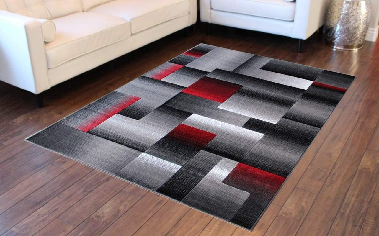 , Modern Contemporary Area Rug, Red Grey Black (8 Feet X 10 Feet)