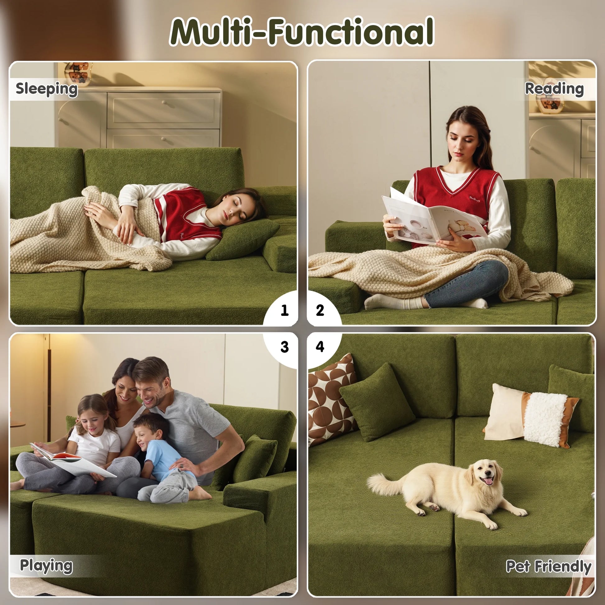 81" Modular Sectional Sofa Couch Sherpa Chaise Lounge Loveseat Sofa Bed Oversized Upholstered Sleeper Sofa for Living Room and Bedroom, Green