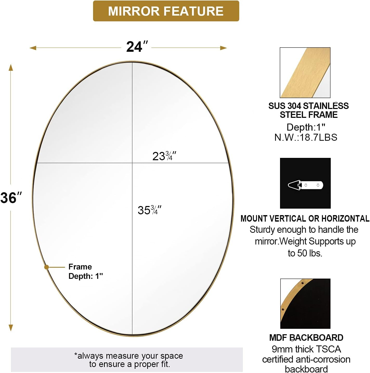 Gold Oval Mirror, 24X36’’ Brushed Gold Oval Bathroom Mirror, Oval Wall Mirror for Btahroom Gold Vanity Mirror in Stainless Steel Frame Wall Mount Horizontal or Vertical